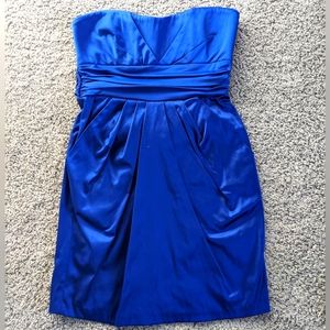 Blue dress, cocktail dress, strapless with pockets